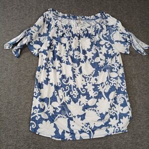 PerSeption Concept Blouse Womens Small Blue White Floral Off Shoulder Tie Sleeve